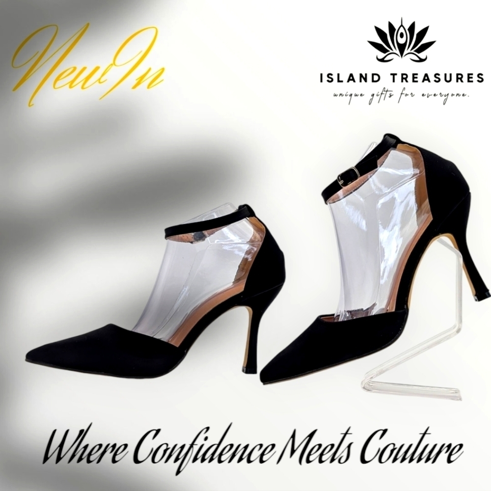 NWOT Black Ankle Strap Heels Stilletto Silver Accents Women's US 10.5 EU 42